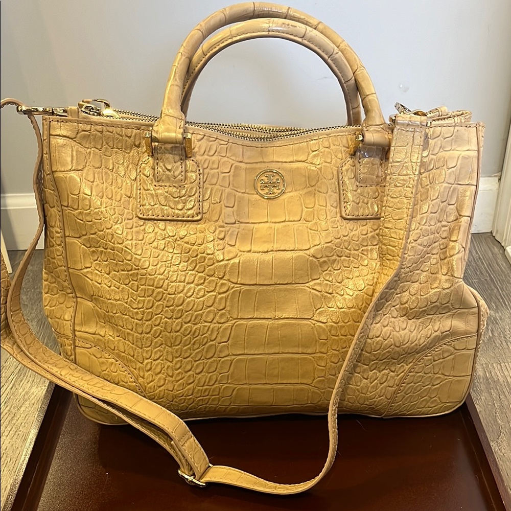 Tory Burch Cream Crocodile-Embossed Satchel